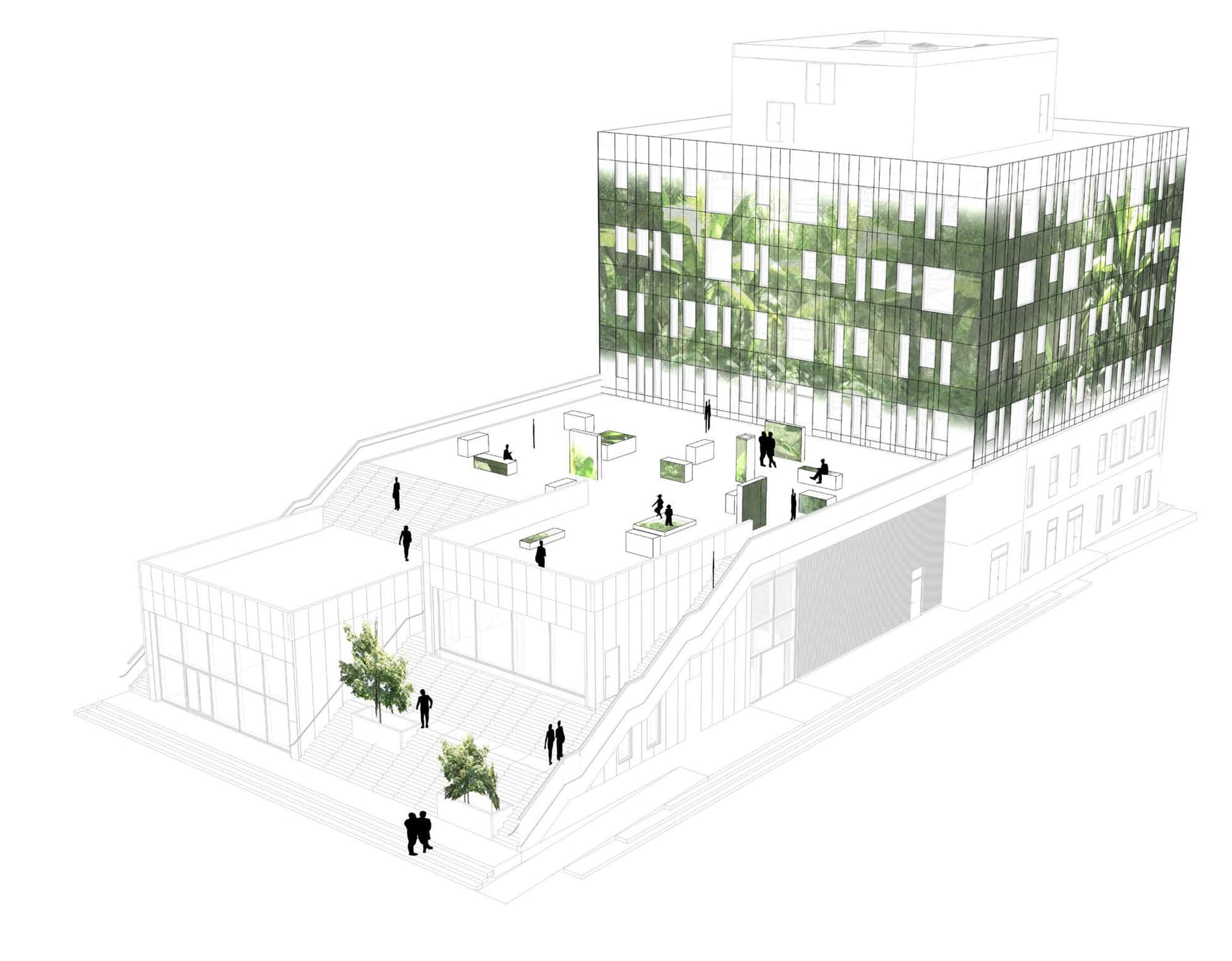 Det nye byrum bliver skabt i tæt samspil mellem arkitektur og videokunst, hvor et af verdens største videoinstallationer, "The Garden in the Machine” skabt af Jesper Just, kommer til at oplyse facaden af den nye bygning fra slutningen af 2021.